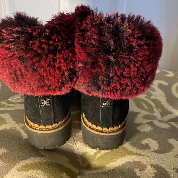 Sam Edelman Women's Bowen Black Suede Raspberry Wine Faux Fur Boots Size 6 - Picture 8 of 12